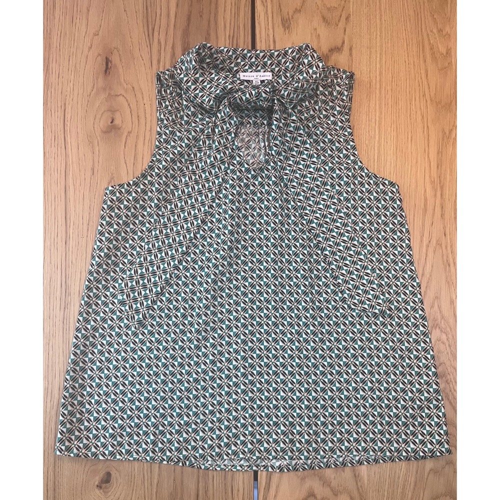 Anthropology Maison d'Amélie Geometric Tie Neck Blouse Size S Green Retro Office